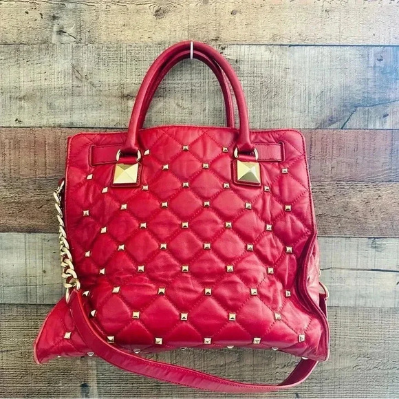Micheal Kors Rare Red Hamilton Quilted Studded Leather ayote/Satchel Bag - Picture 3 of 12